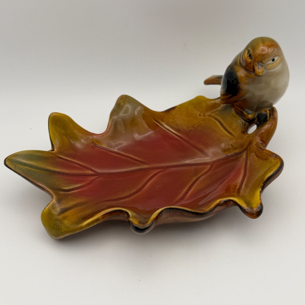 Vintage Ceramic Bird On Autumn Leaf Dish Fall Candy Trinket Dish Rustic Decor